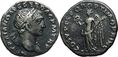 Ancient Roman silver coin of the Emperor Trajan minted in Rome